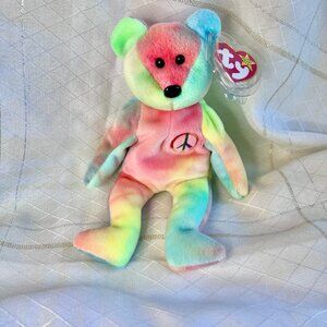 TY Peace Bear Beanie Baby, Plush Teddy Bear, Kids Toys, Tie-Die Stuffed Animal